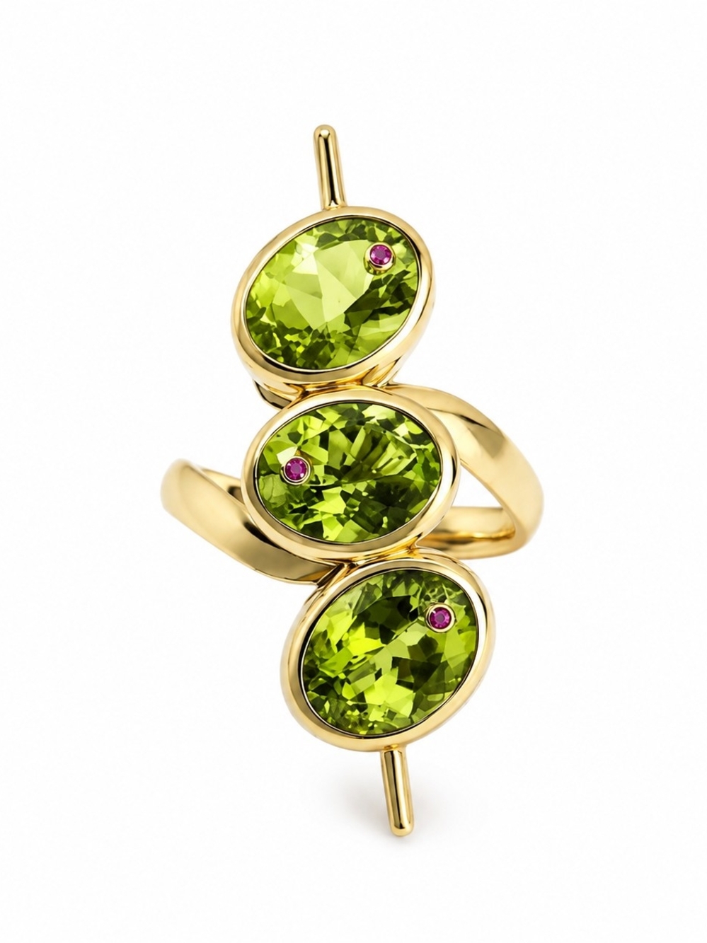 💚 Olive Martini Green CZ Cocktail Ring Gold Tone Three Stone Statement Ring